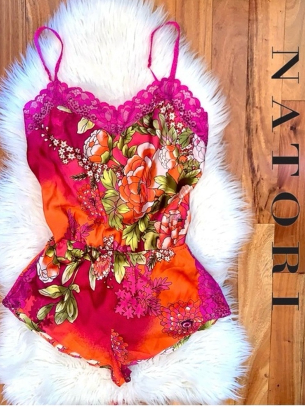 NWT Josie Natori Floral Lace Bodysuit Romper Silky Pajamas Playsuit Teddy